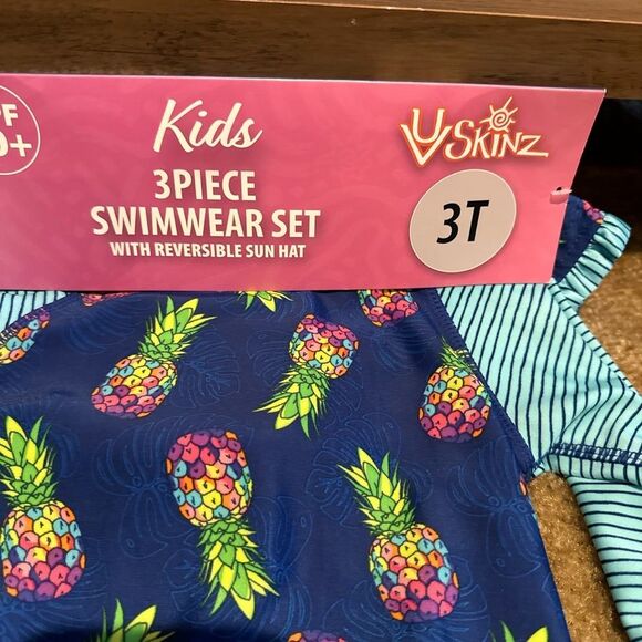 New UV Skinz Kids 3 Pc Swimwear Set Hat Rashguard Top and Swim Skirt Size 3T - Picture 3 of 9